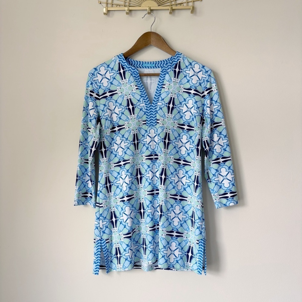 J. McLaughlin Blue Biscayne Tunic Top Medium Coastal Grandma